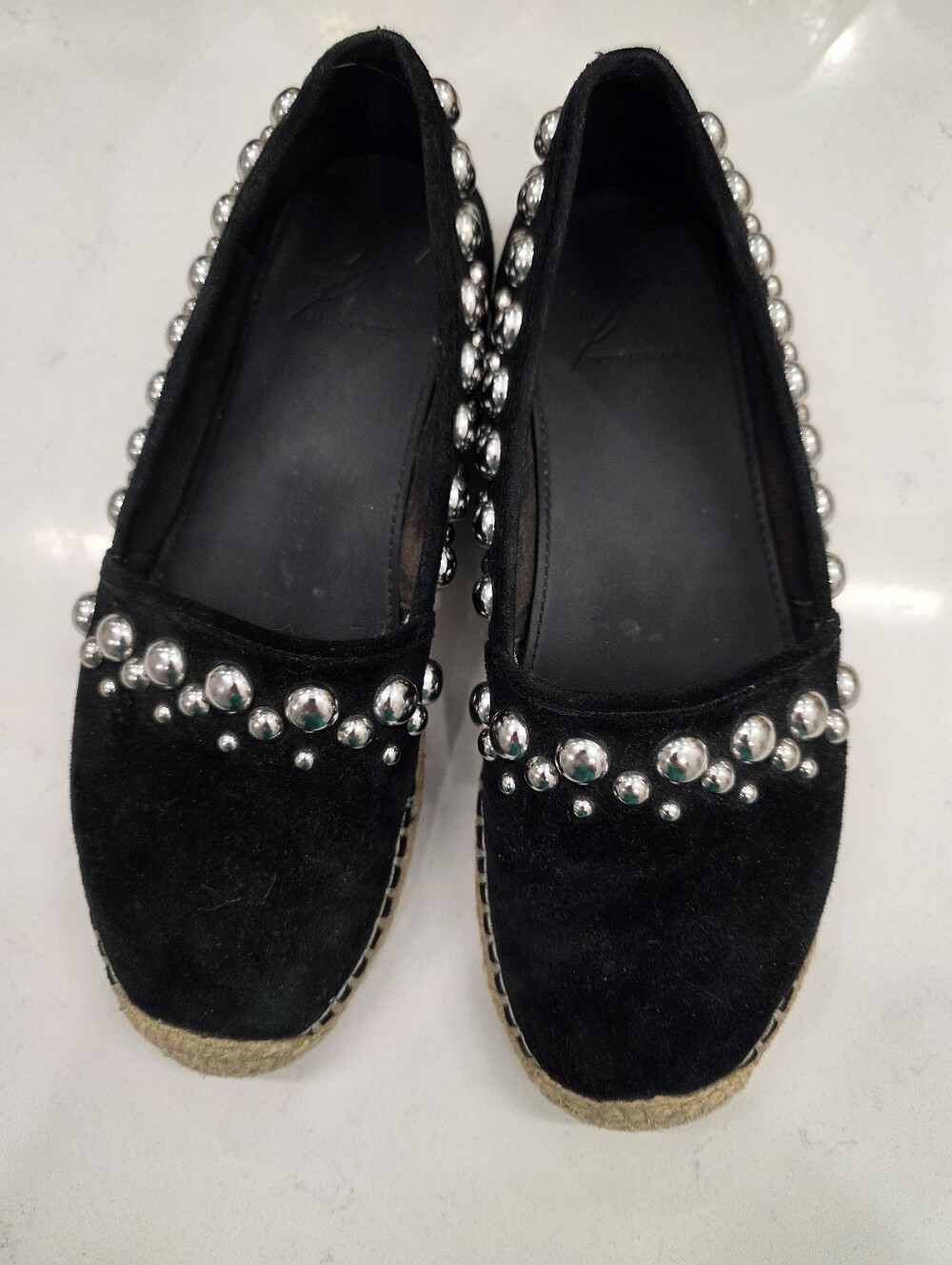 B Brian Atwood Eli Studded Black Suede Espadrille Flats 6.5
